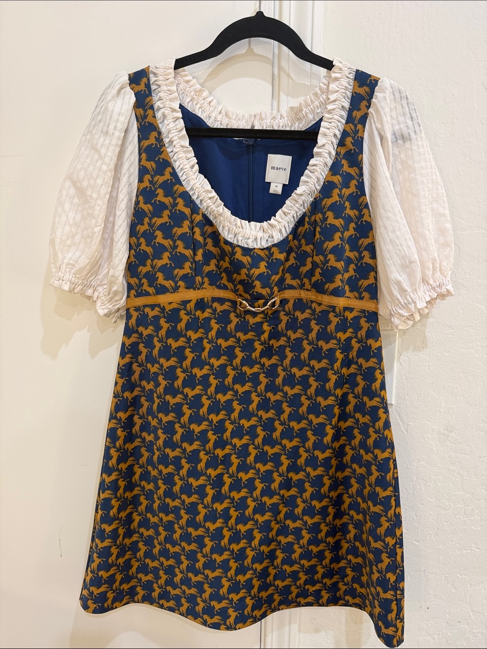 Maeve Navy and Mustard Printed Horse Mini Dress with Ivory Puff Sleeves